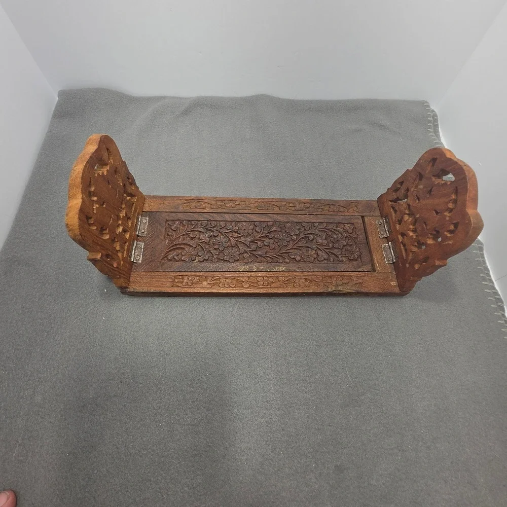 Vintage Hand Carved Floral Wood Book Slide Expandable Folding Desk Bookends B
